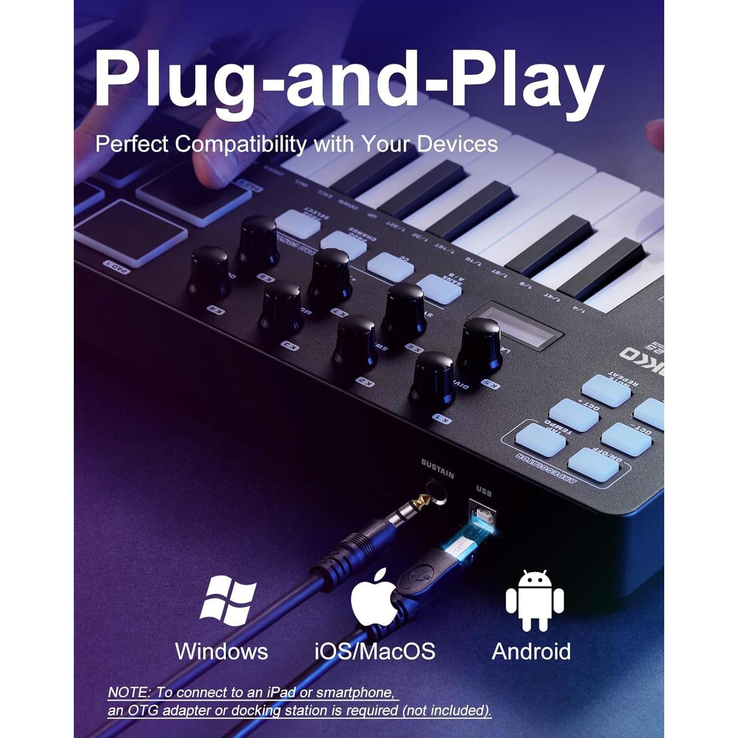 Controlador MIDI KOKKO KB-25 Mini 25 Teclas con Pads Retroiluminados