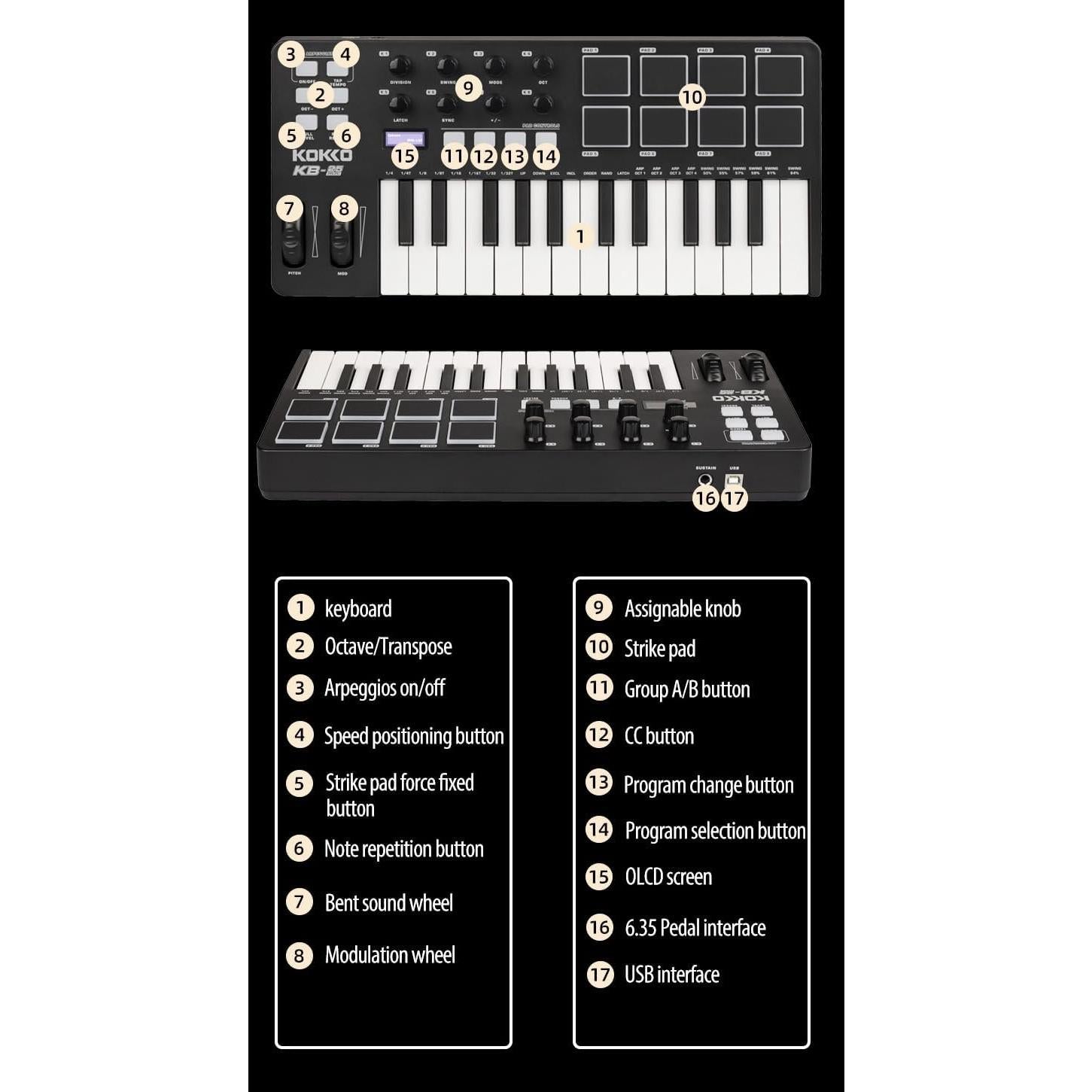 Controlador MIDI KOKKO KB-25 Mini 25 Teclas con Pads Retroiluminados