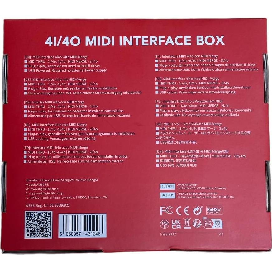 Interfaz MIDI DigitalLife UMB05 - 4x4 Thru y Fusión, Metal