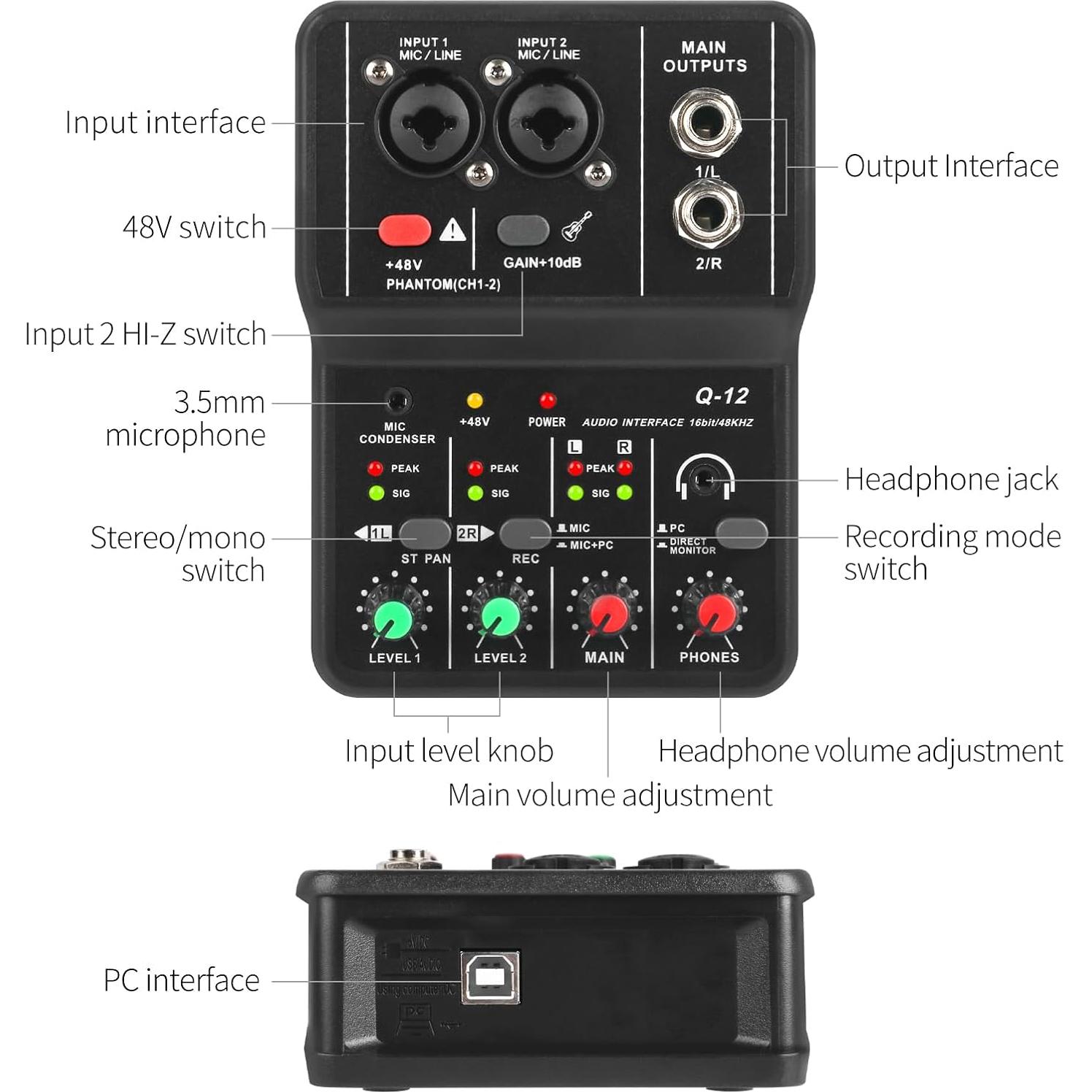 Interfaz de Audio USB XTUGA Q12 para Grabación de Música