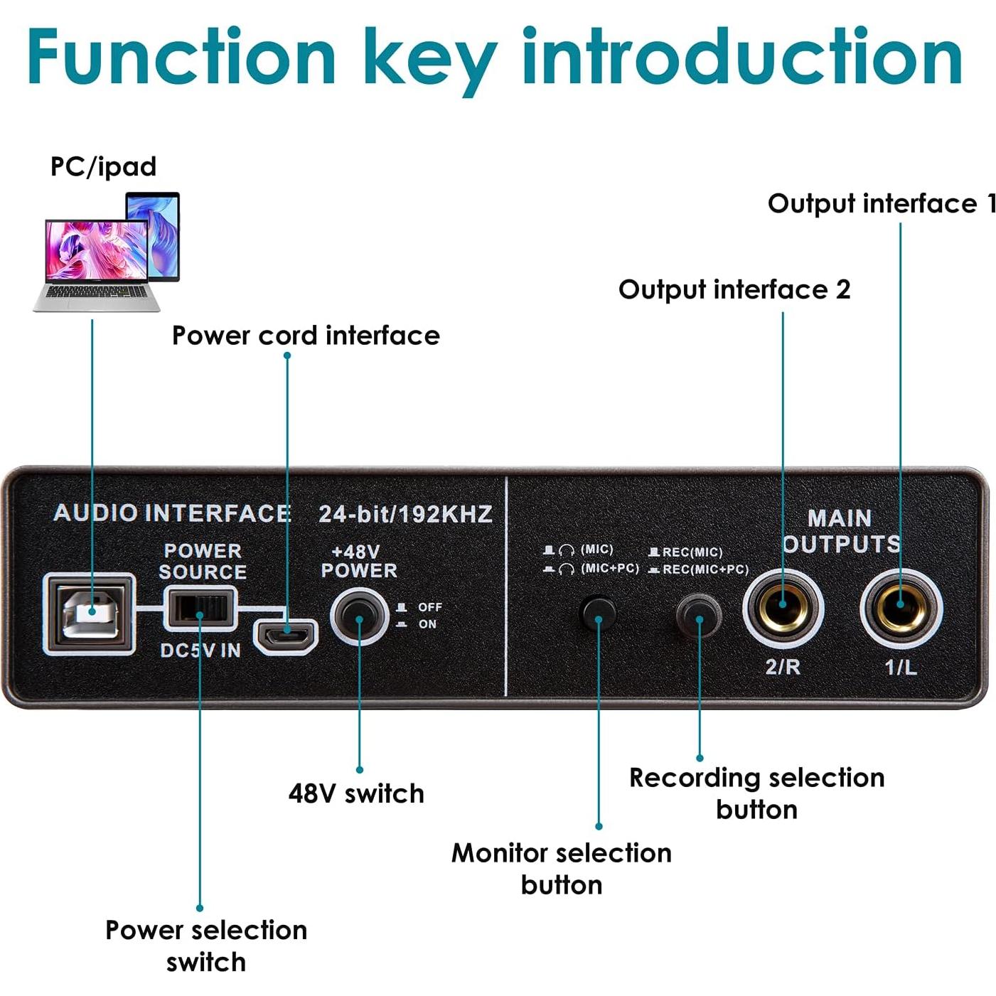 Interfaz de Audio USB YOUSHARES 2 Canales 48V para Grabación