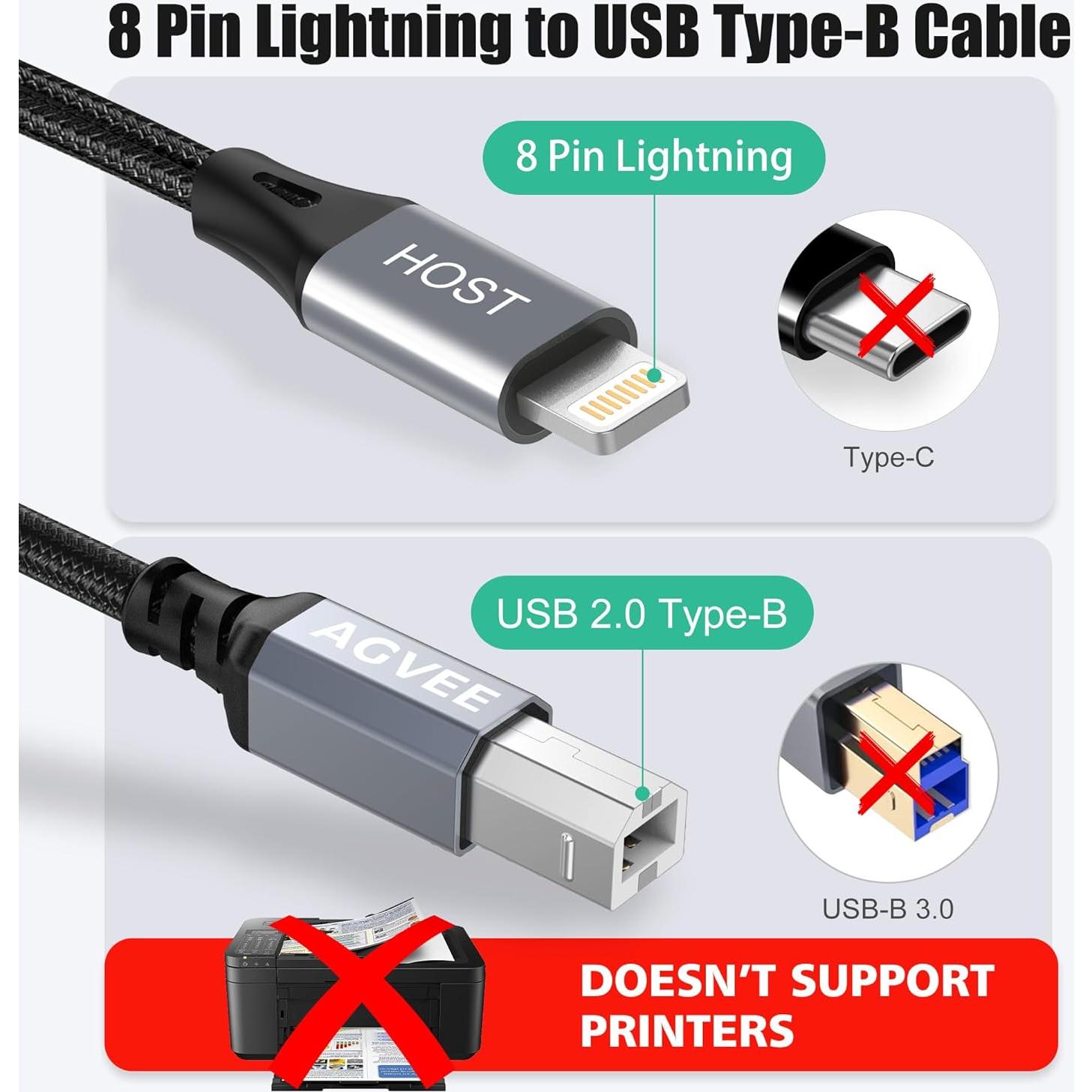 Cable MIDI USB Tipo-B AGVEE 1.5m Lightning OTG para iPhone