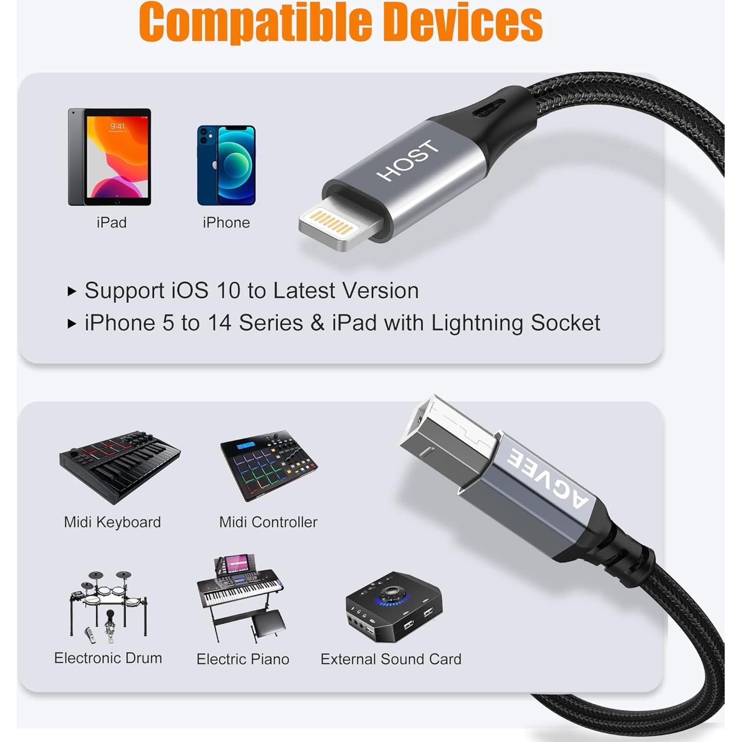 Cable MIDI USB Tipo-B AGVEE 1.5m Lightning OTG para iPhone