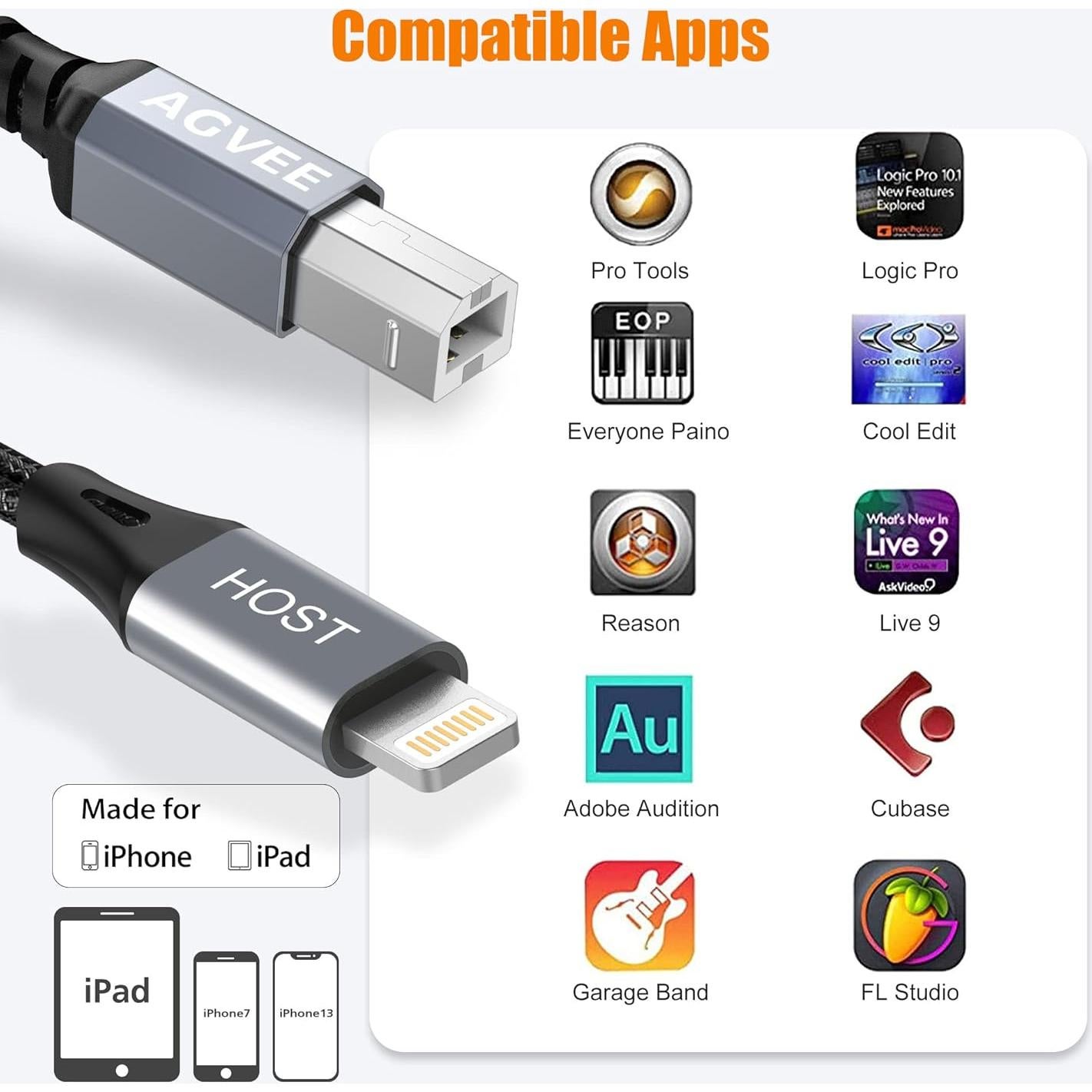 Cable MIDI USB Tipo-B AGVEE 1.5m Lightning OTG para iPhone
