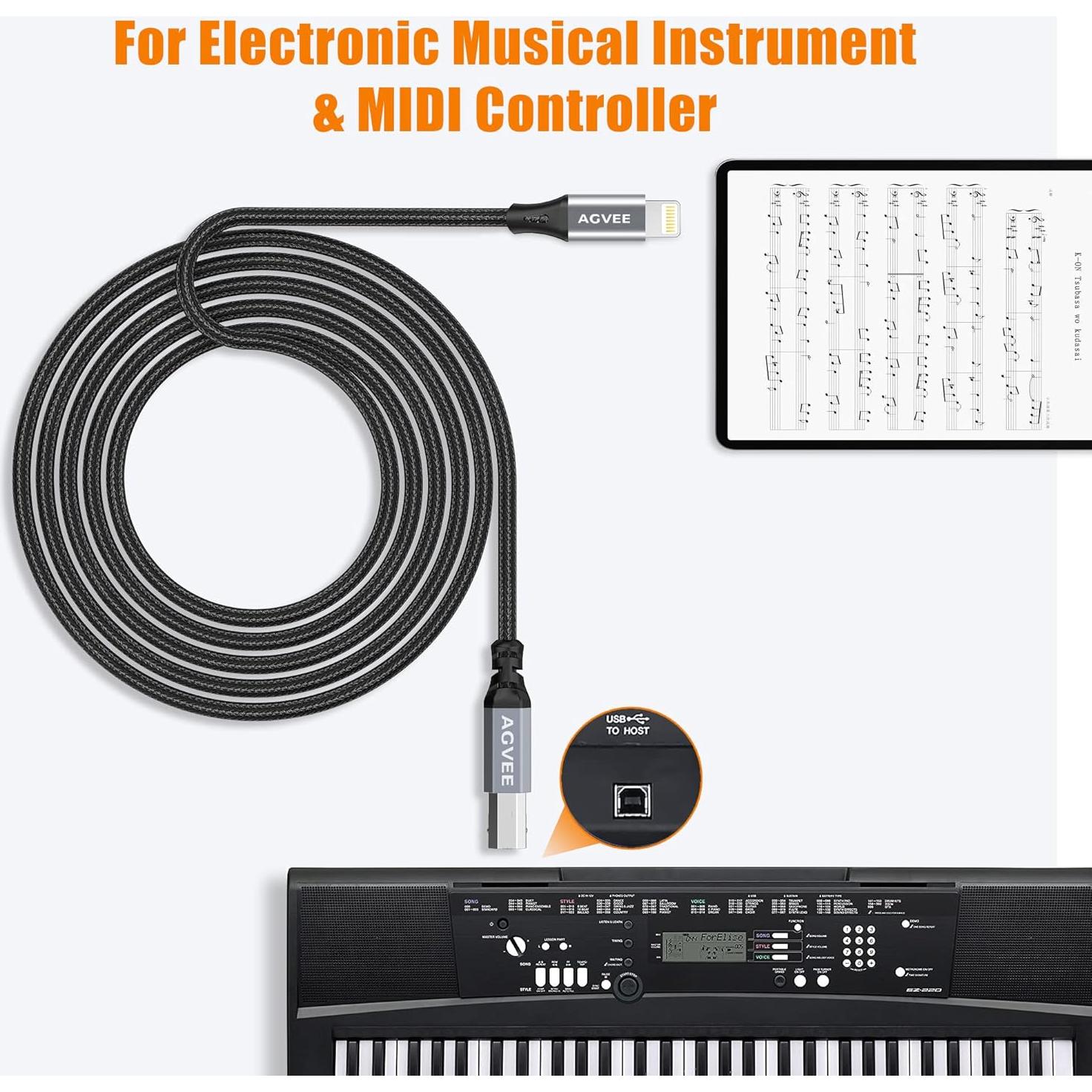 Cable MIDI USB Tipo-B AGVEE 1.5m Lightning OTG para iPhone