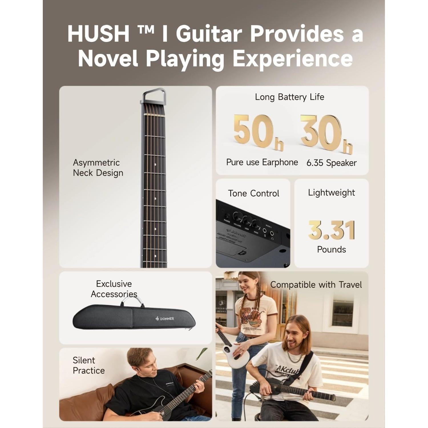 Guitarra Acústica Eléctrica Donner HUSH I Negra Portátil