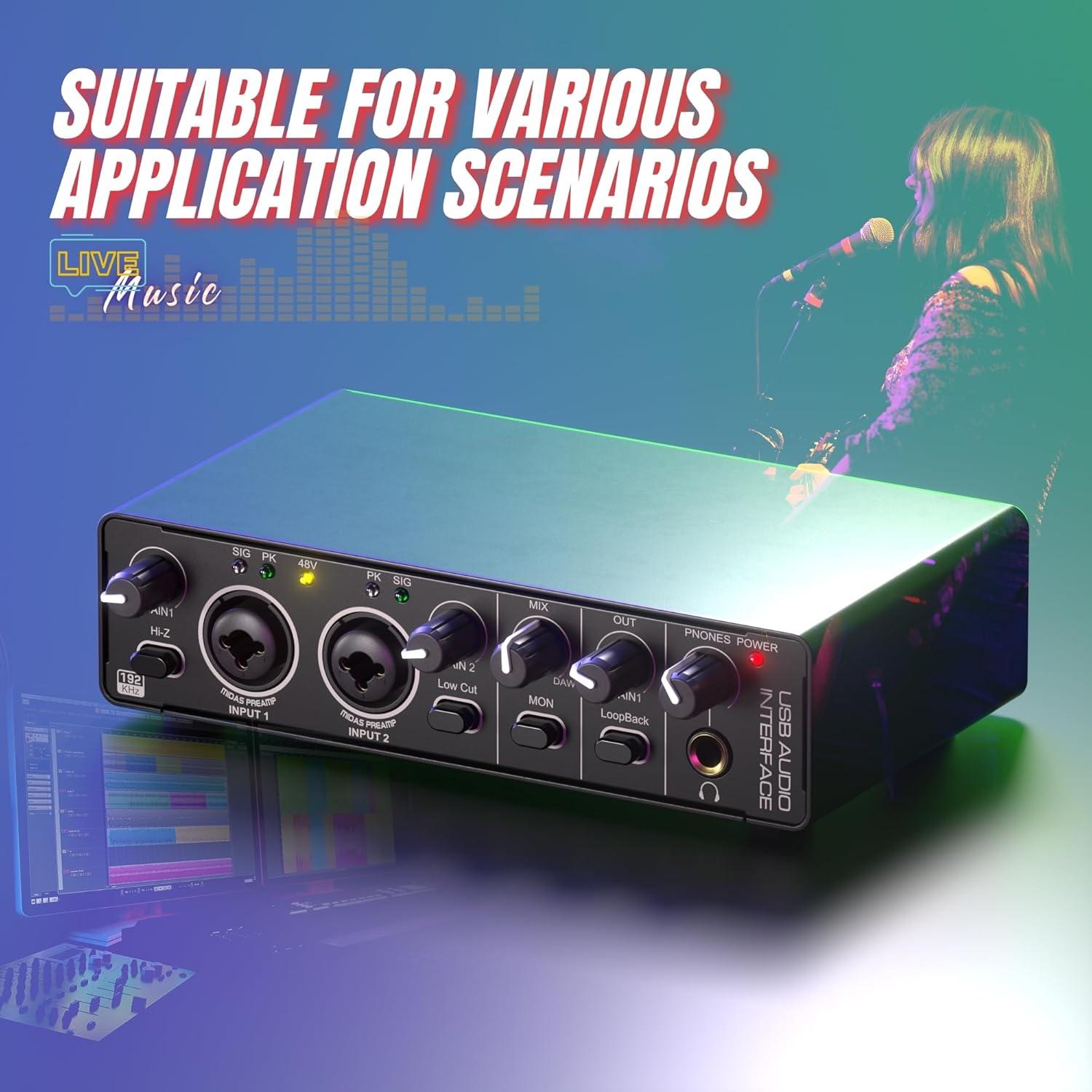 Interfaz de Audio USB MD-22 24Bit 192kHz 2x2 con Phantom