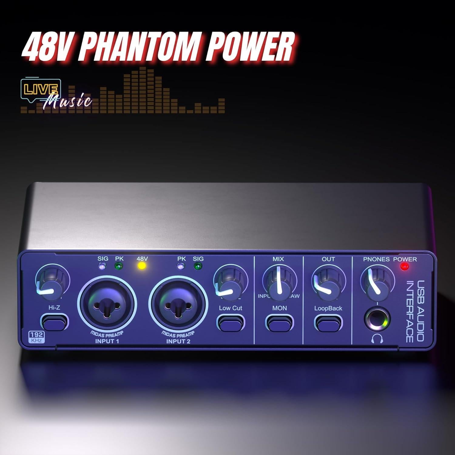 Interfaz de Audio USB MD-22 24Bit 192kHz 2x2 con Phantom