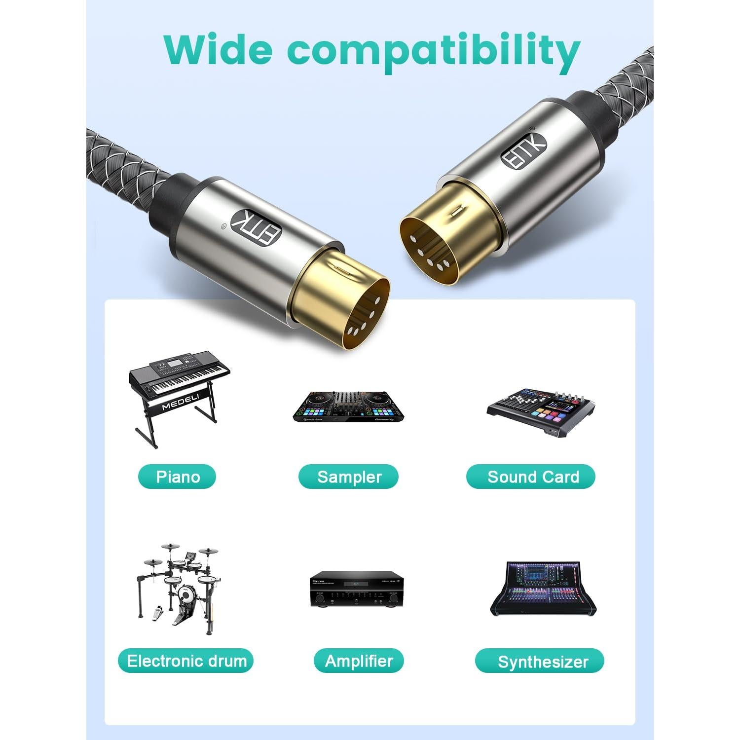 Cable MIDI 5 Pines EMK Trenzado 2M - Conectores Niquelados