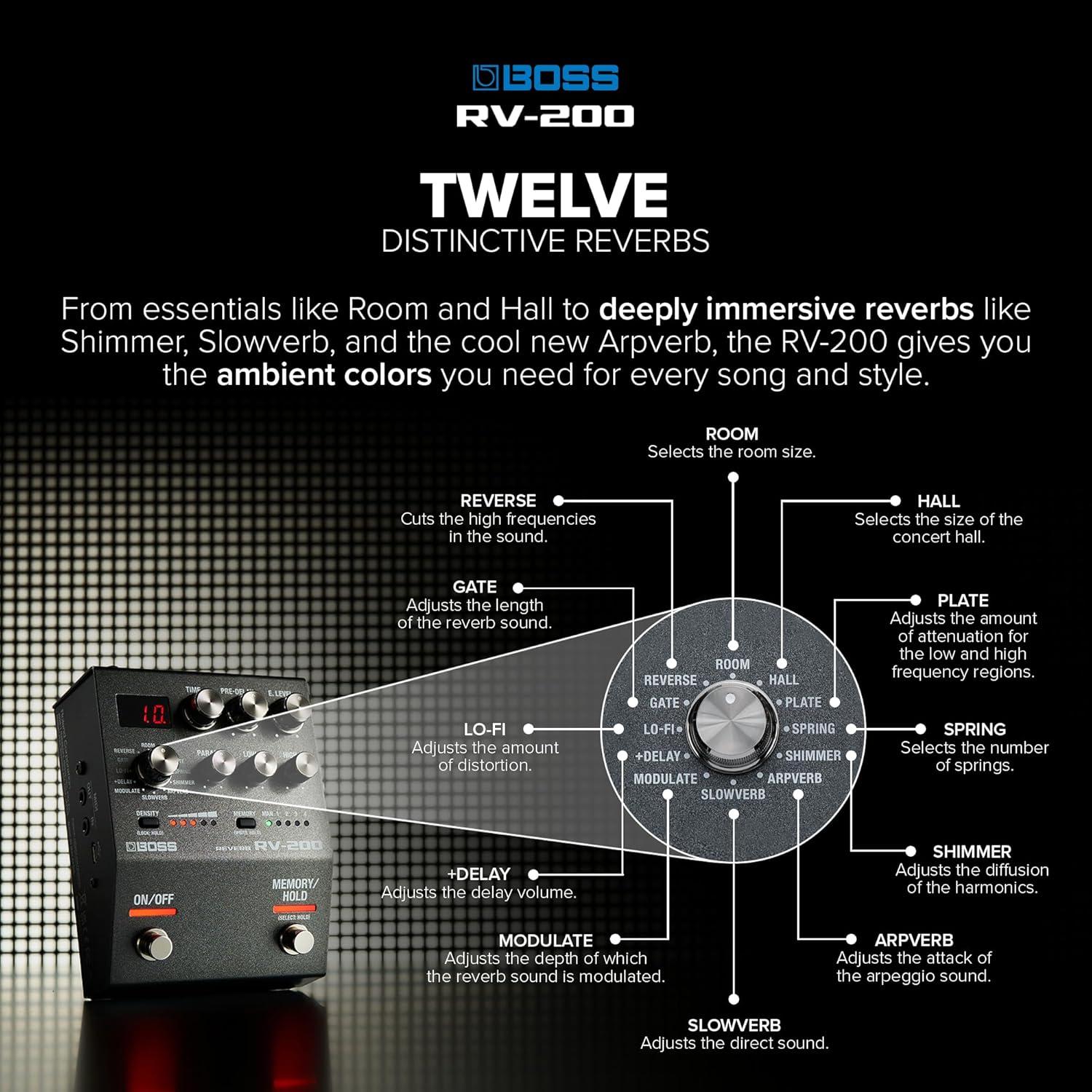 Pedal de Efectos BOSS RV-200 Reverb - 12 Tipos de Reverb
