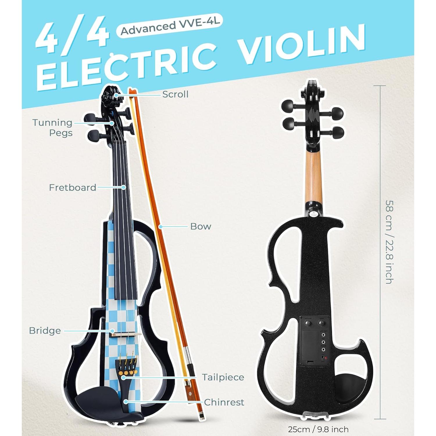 Vangoa Violín Eléctrico 4/4 Silencioso para Principiantes Azul