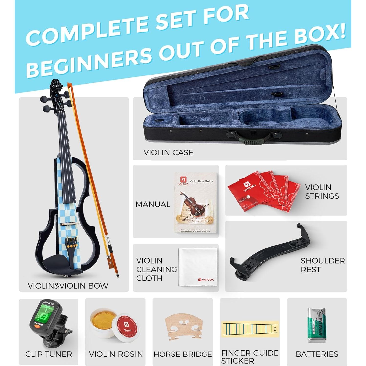 Vangoa Violín Eléctrico 4/4 Silencioso para Principiantes Azul