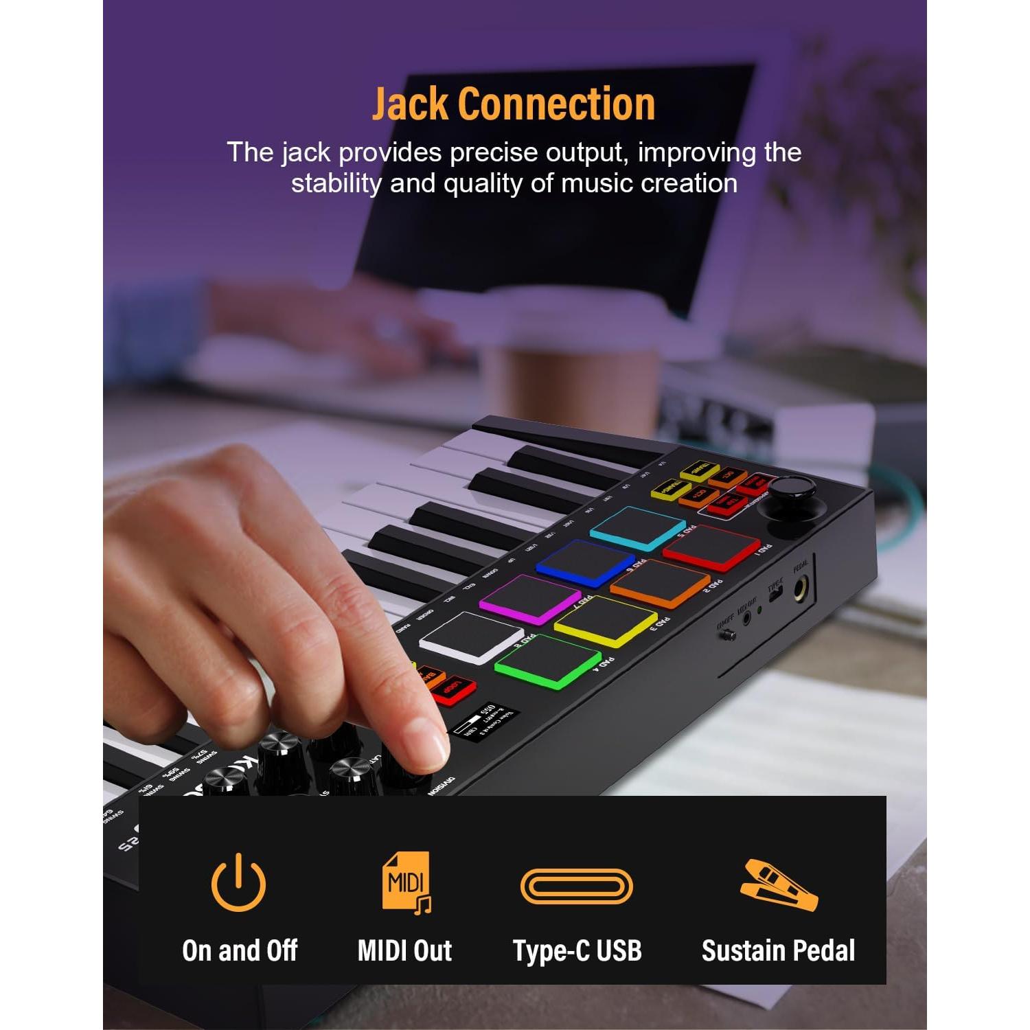 Controlador MIDI OYAYO 25 Teclas Recargable con Pads RGB