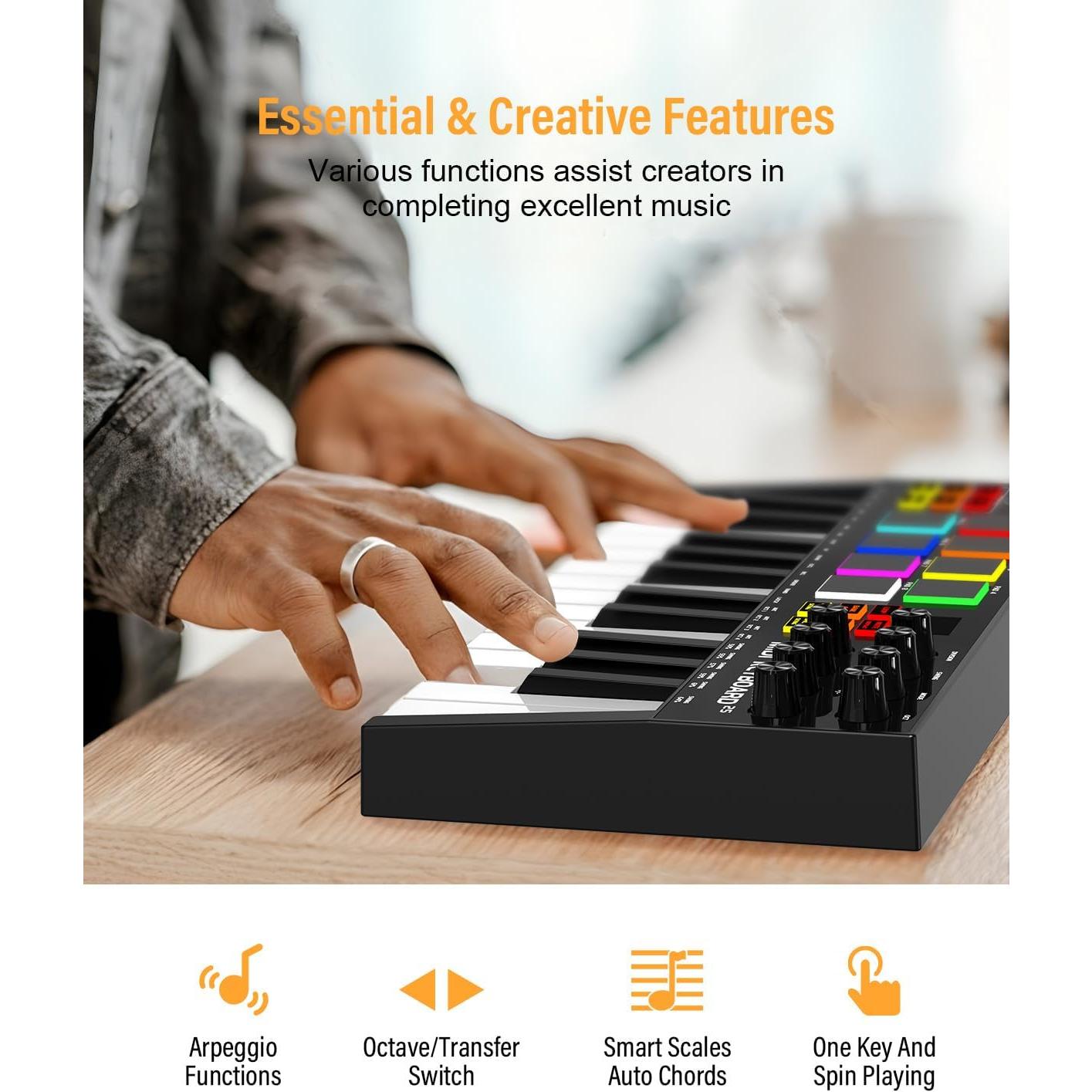 Controlador MIDI OYAYO 25 Teclas Recargable con Pads RGB