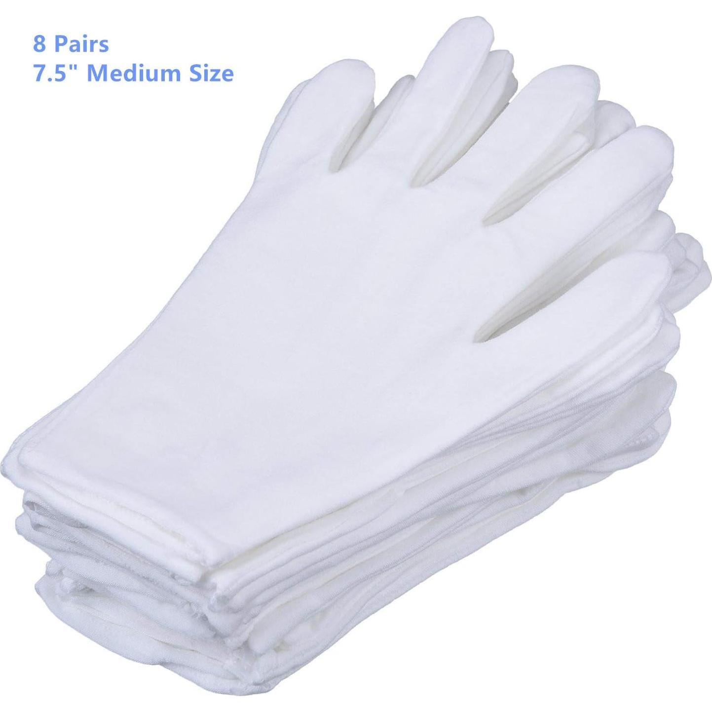 Guantes de Algodón Blanco S&DIAN - 8 Pares Tamaño Mediano 19 cm