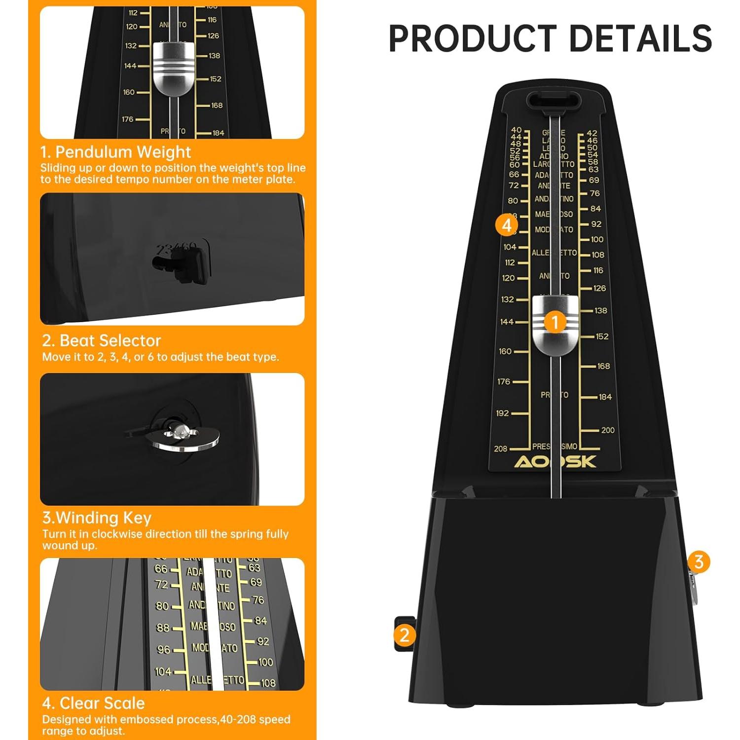 Metrónomo Mecánico AODSK Negro Universal para Instrumentos