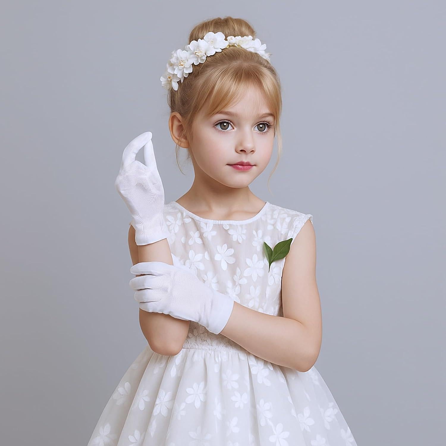 Guantes de Satén Blancos para Niñas - Largo de Muñeca, 19 cm