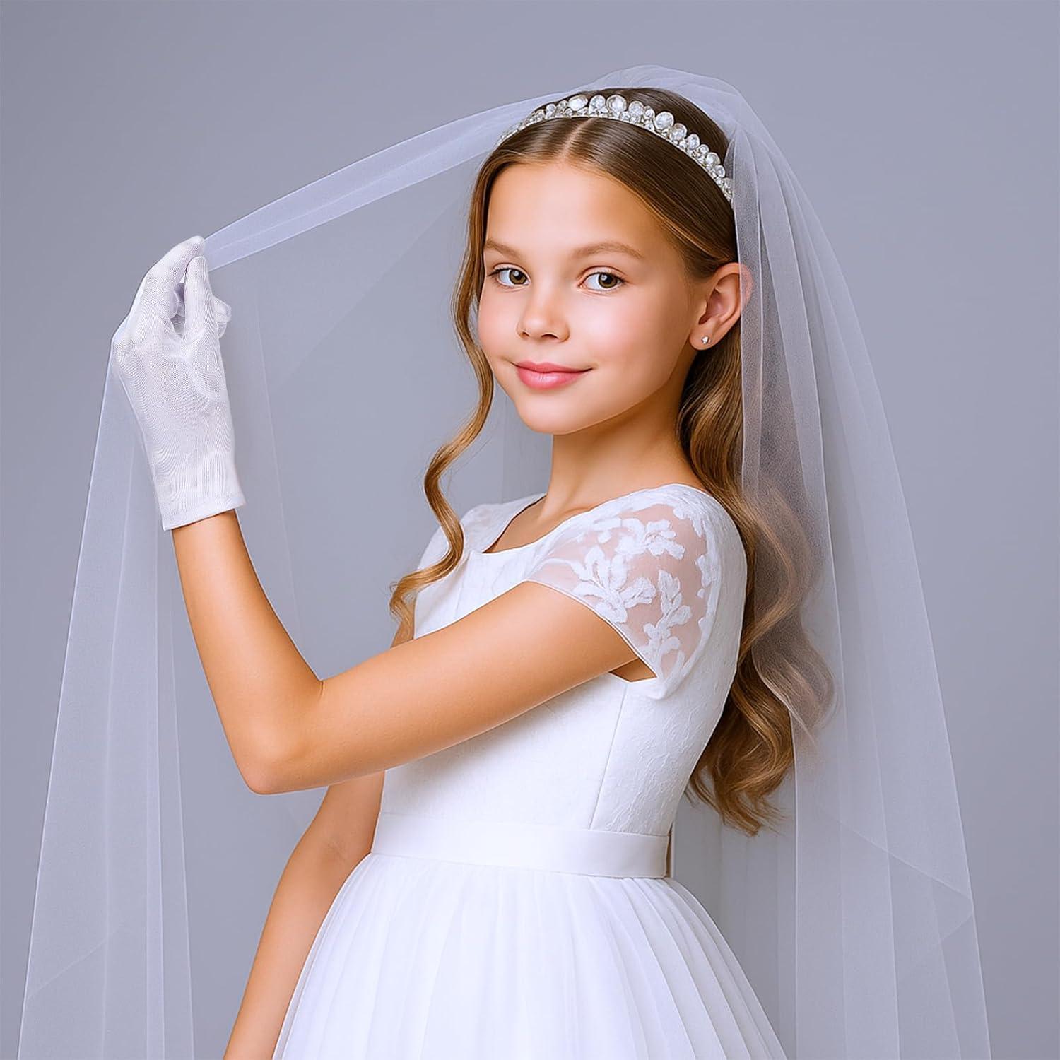 Guantes de Satén Blancos para Niñas - Largo de Muñeca, 19 cm