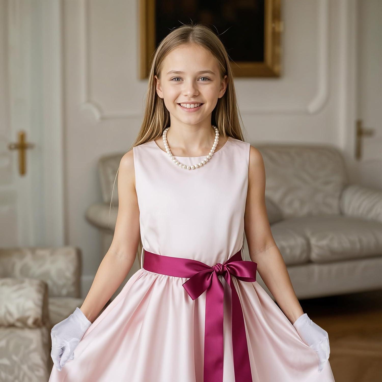 Guantes de Satén Blancos para Niñas - Largo de Muñeca, 19 cm