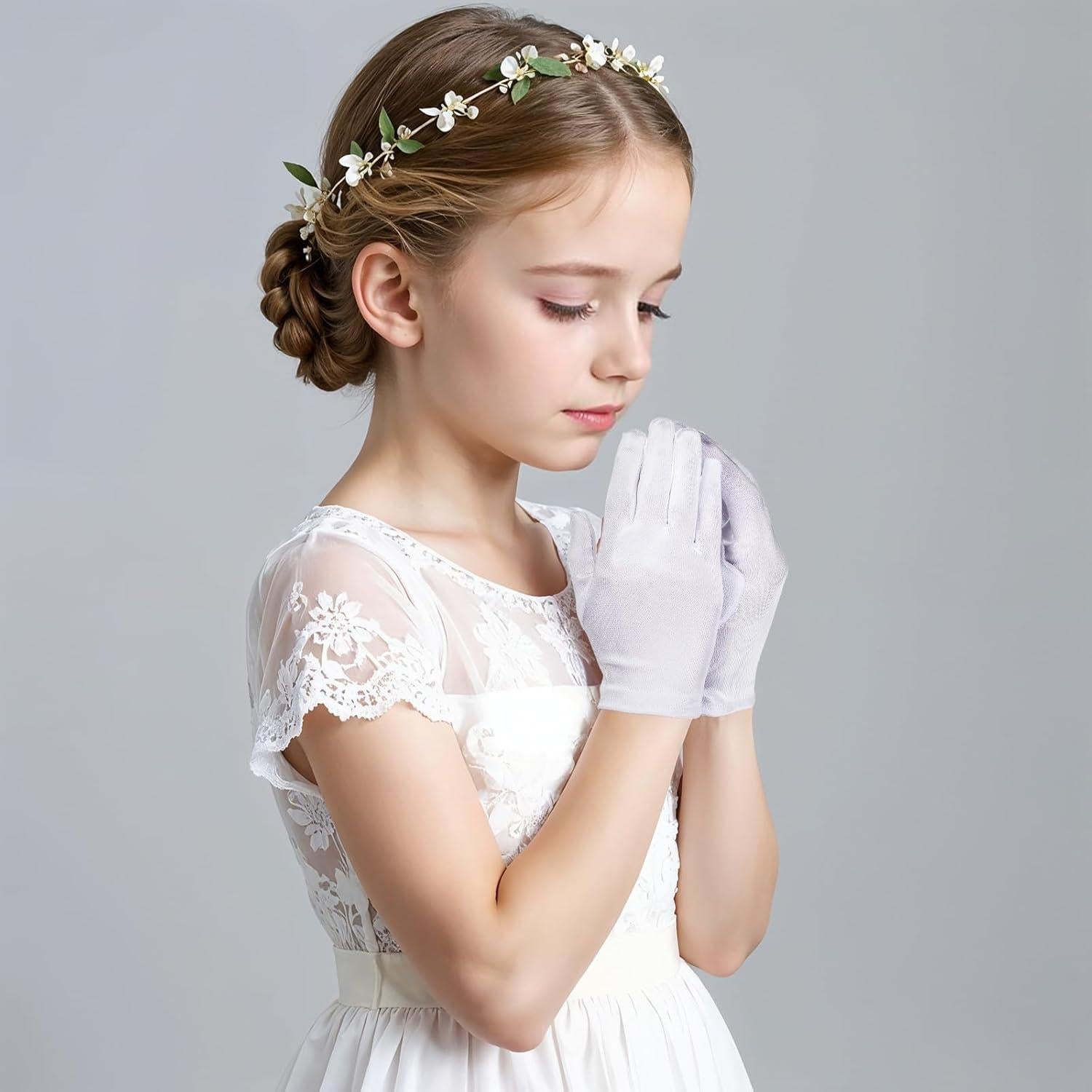 Guantes de Satén Blancos para Niñas - Largo de Muñeca, 19 cm