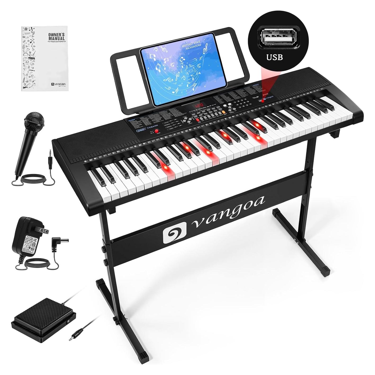 Piano Eléctrico Vangoa VGK6101 de 61 Teclas con Soporte y Micrófono