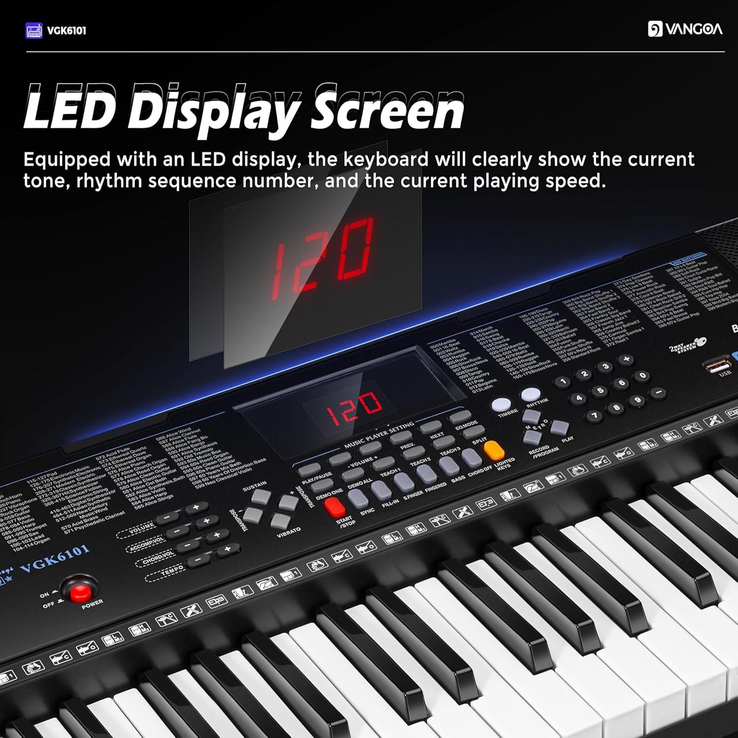 Piano Eléctrico Vangoa VGK6101 de 61 Teclas con Soporte y Micrófono
