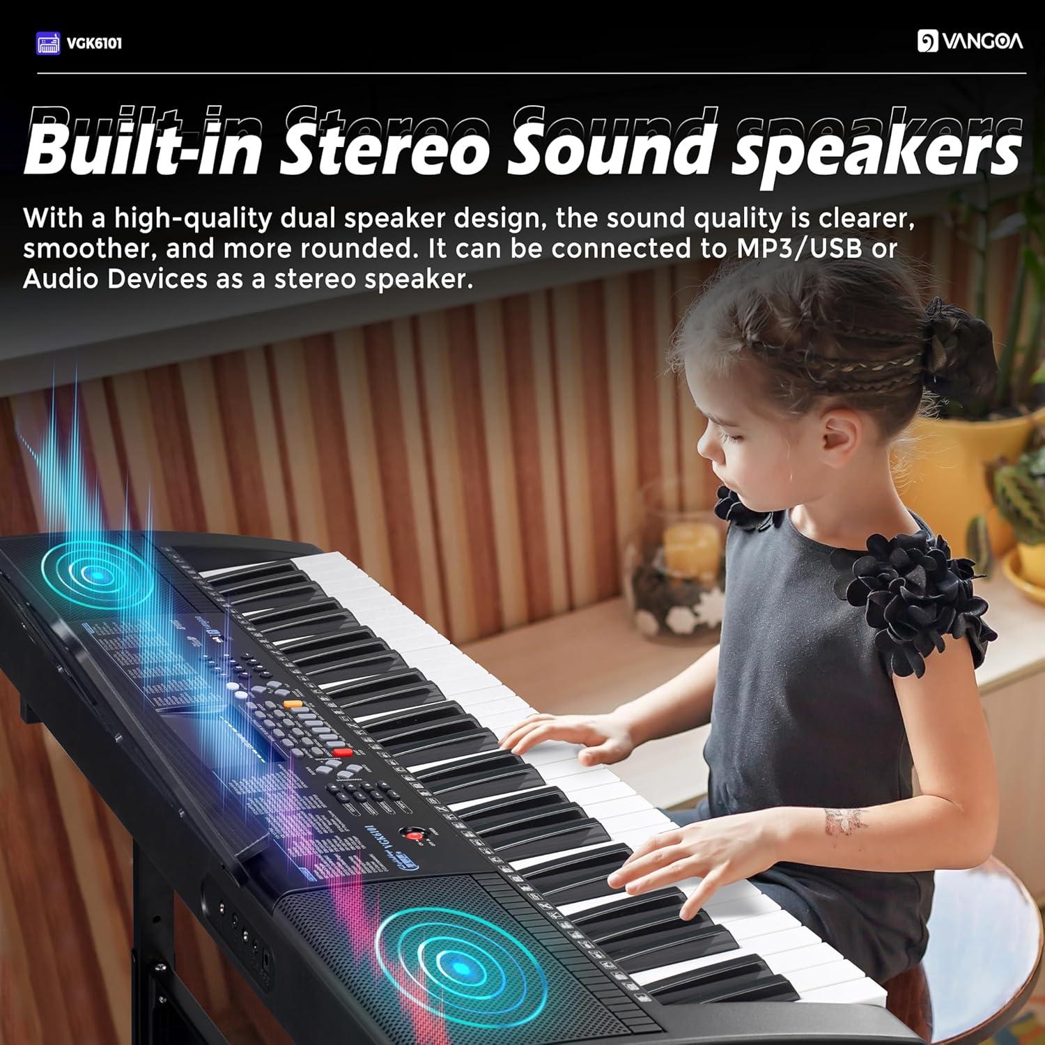 Piano Eléctrico Vangoa VGK6101 de 61 Teclas con Soporte y Micrófono