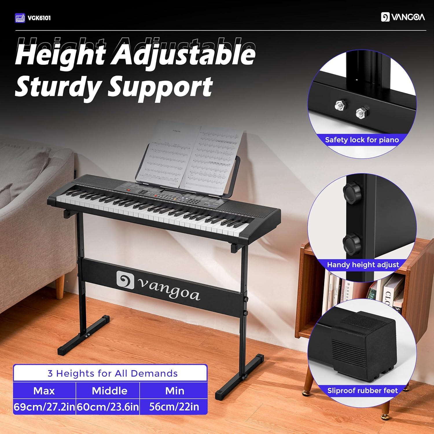 Piano Eléctrico Vangoa VGK6101 de 61 Teclas con Soporte y Micrófono
