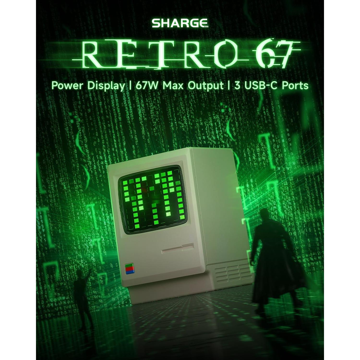 Cargador USB C Sharge 67W 3 Puertos Retro con Pantalla