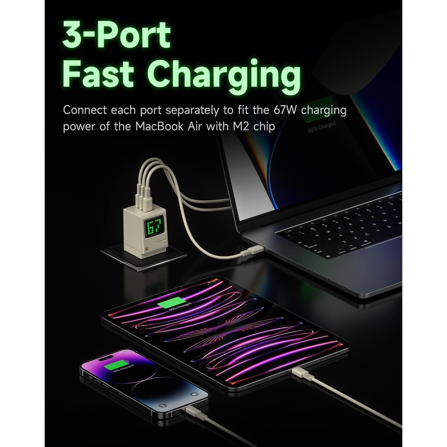 Cargador USB C Sharge 67W 3 Puertos Retro con Pantalla