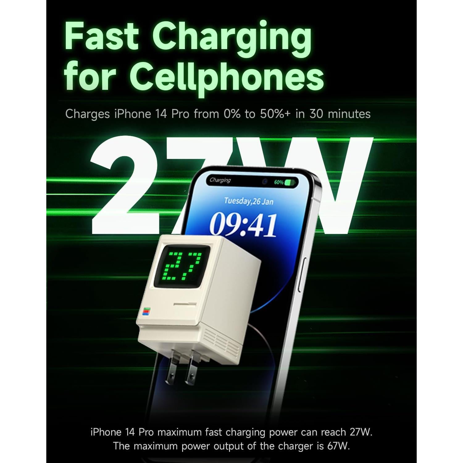 Cargador USB C Sharge 67W 3 Puertos Retro con Pantalla