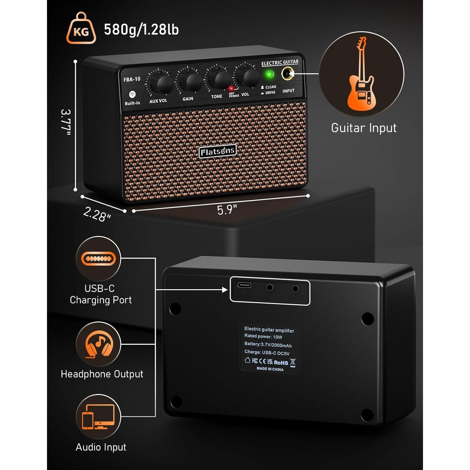 Amplificador de guitarra FBA-10 Flatsons 10W portátil USB-C