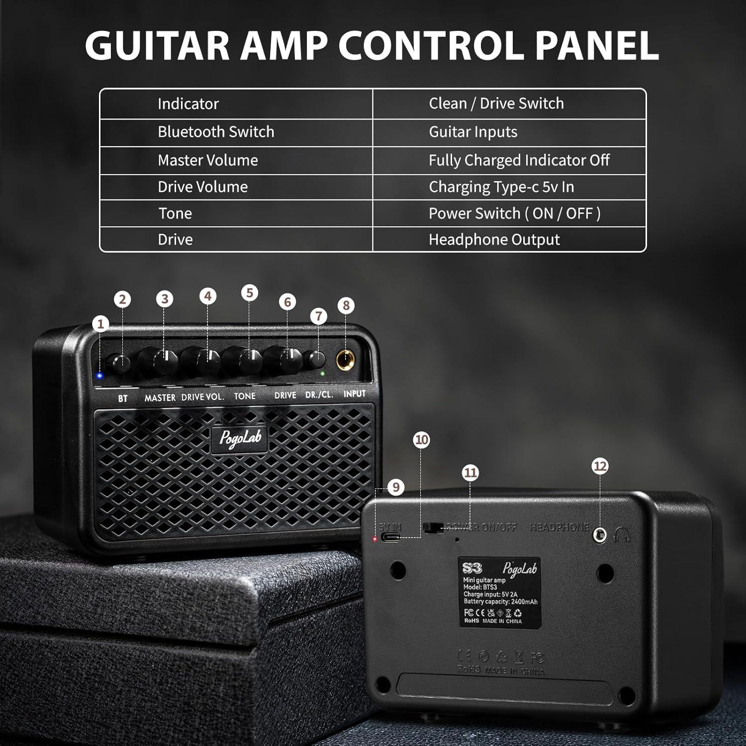 Mini Amplificador de Guitarra Portátil 5W S3 Bluetooth Negro