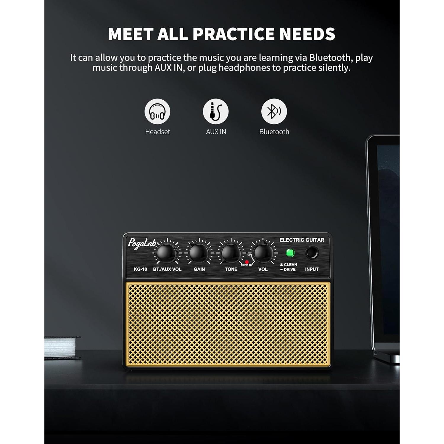 Amplificador de Guitarra Mini 10W Recargable Bluetooth Negro Amarillo