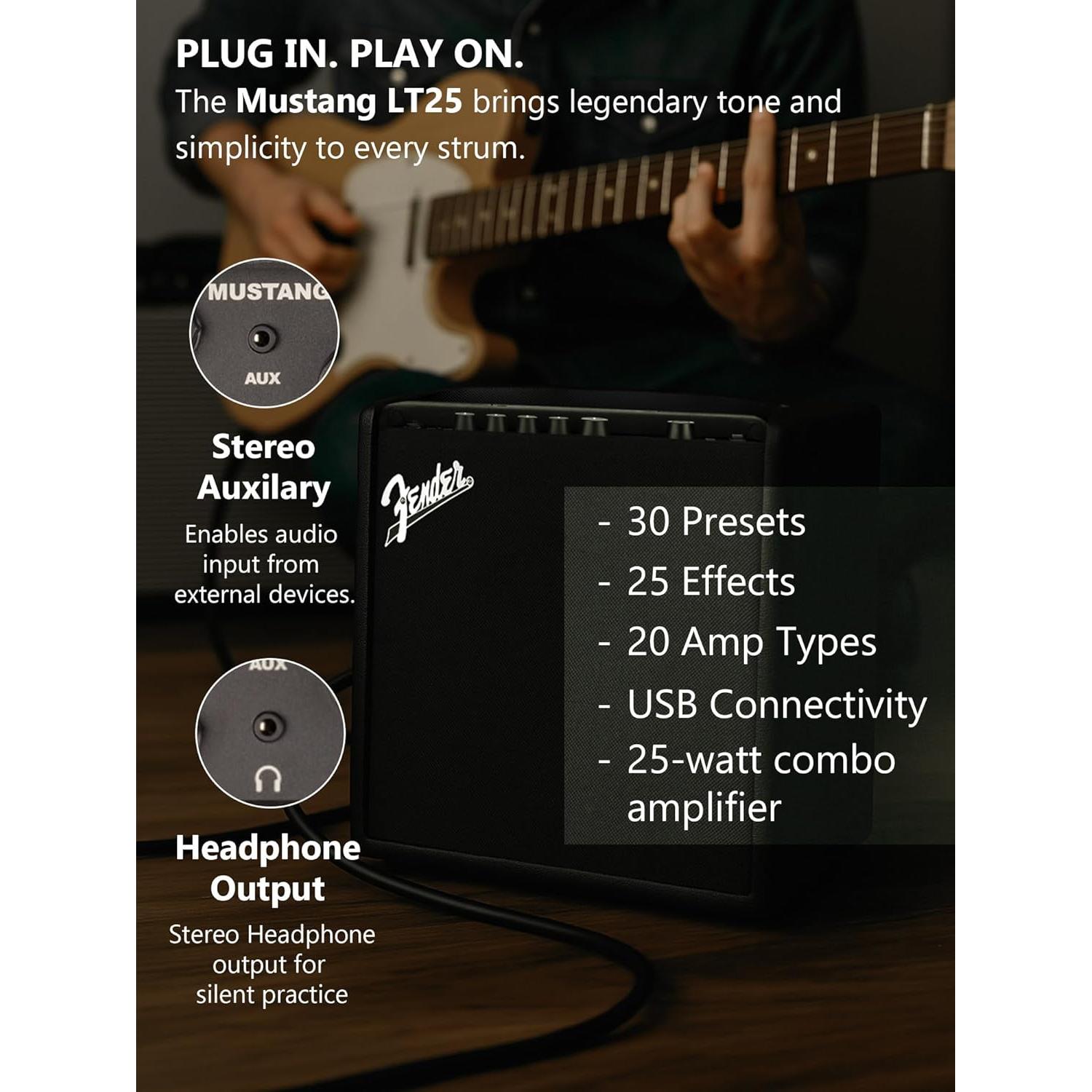 Amplificador Combo Fender Mustang LT25 25W con Cable y Picks