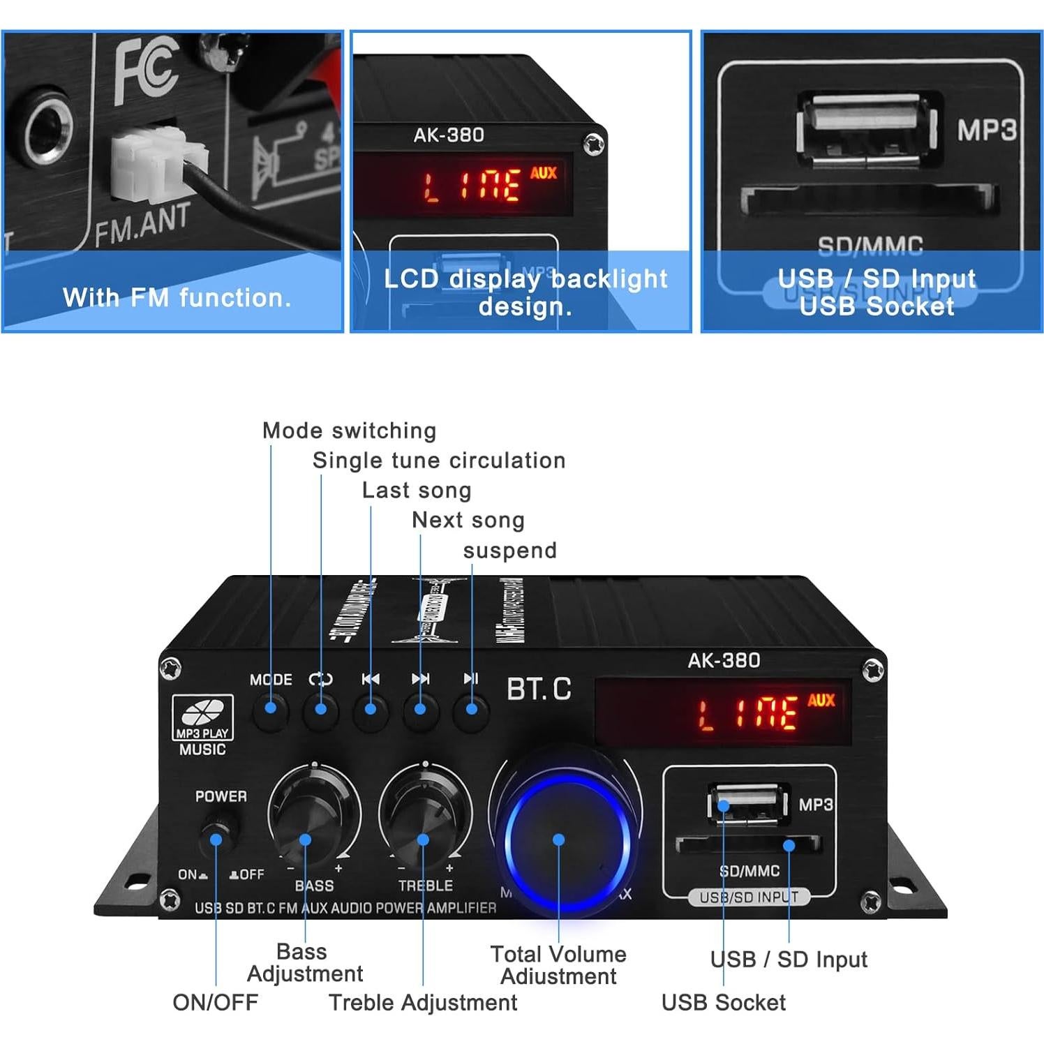 Amplificador de Potencia de Audio Bluetooth 5.0 AK-380 800W HiFi