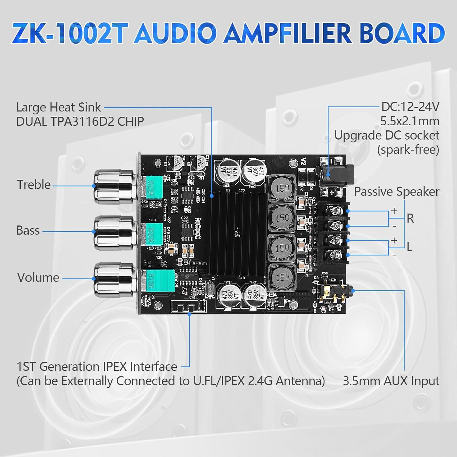 Amplificador Bluetooth 5.0 ZK-1002T 2x100W TPA3116D2 HiFi