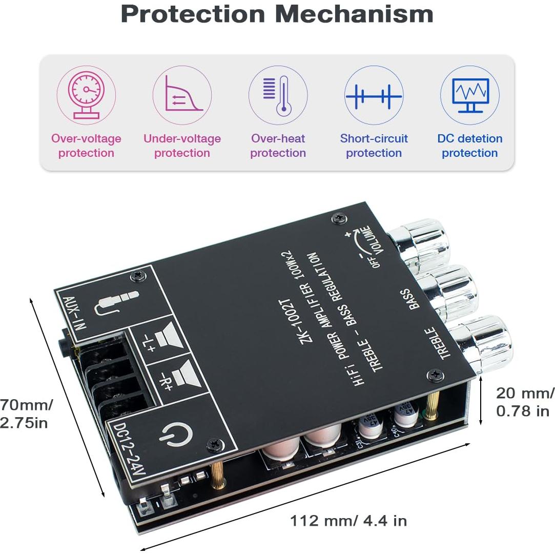 Amplificador Bluetooth 100W Hosyond ZK-1002T 2.0 con Control de Graves y Agudos