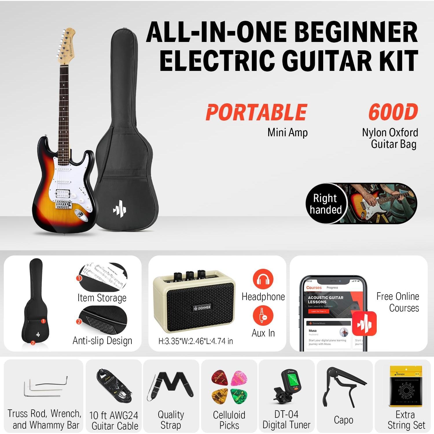 Guitarra Eléctrica Donner DST-100S 39" Sunburst Completa