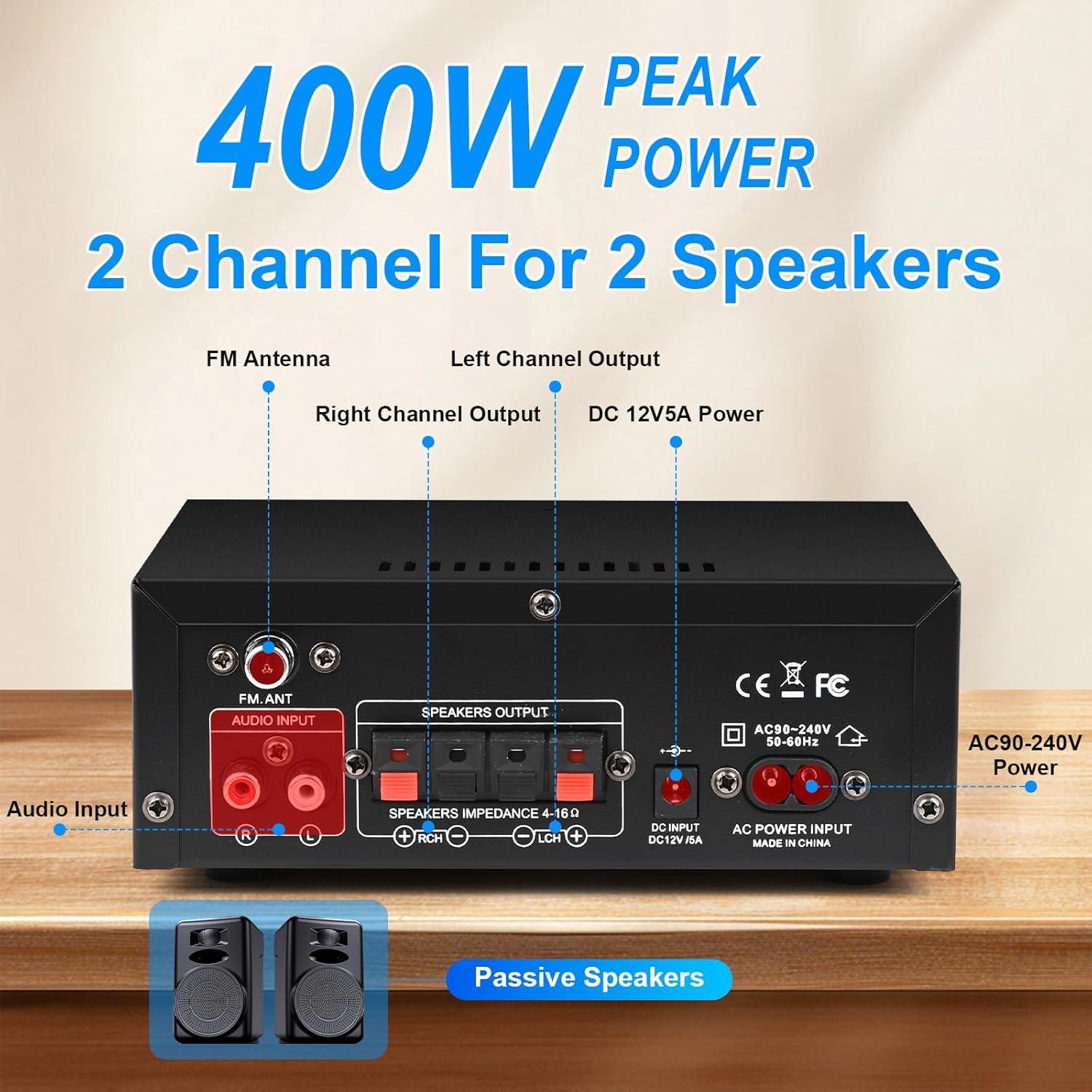 Amplificador Estéreo Bluetooth 5.0 AK45 400W 2 Canales
