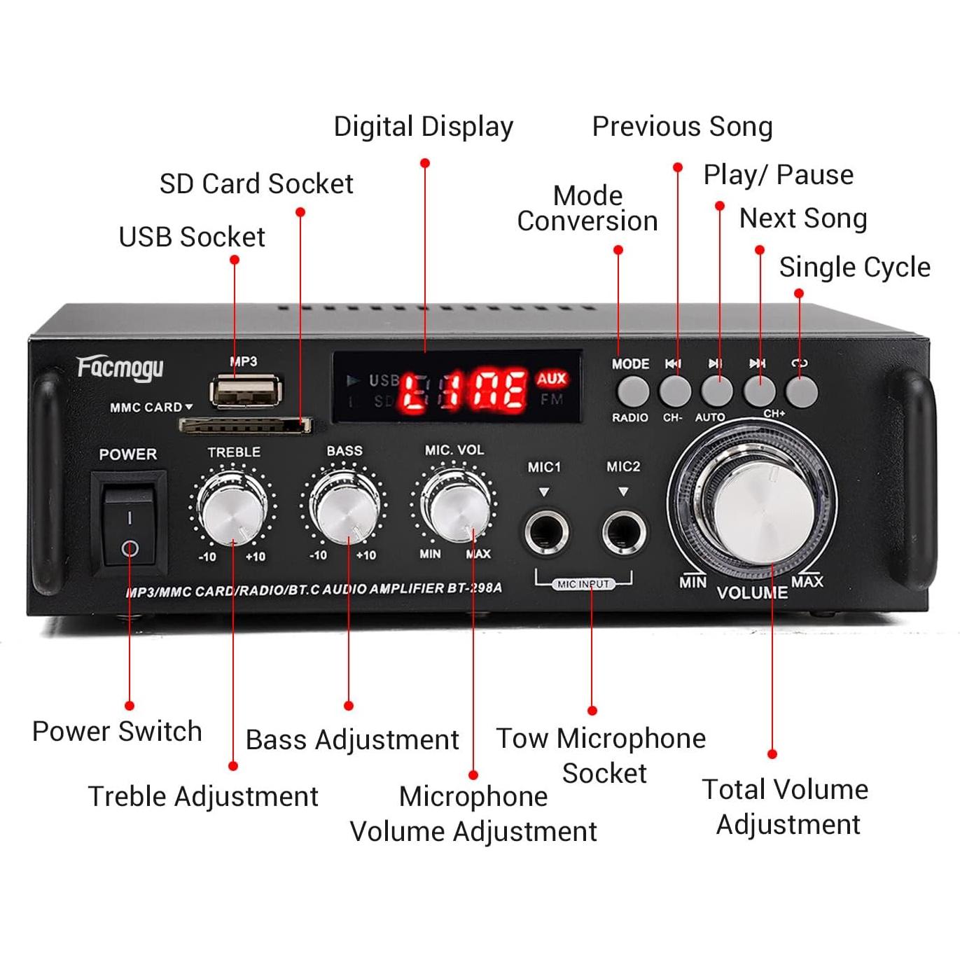 Amplificador Estéreo Inalámbrico Bluetooth 298A 40Wx2 300W