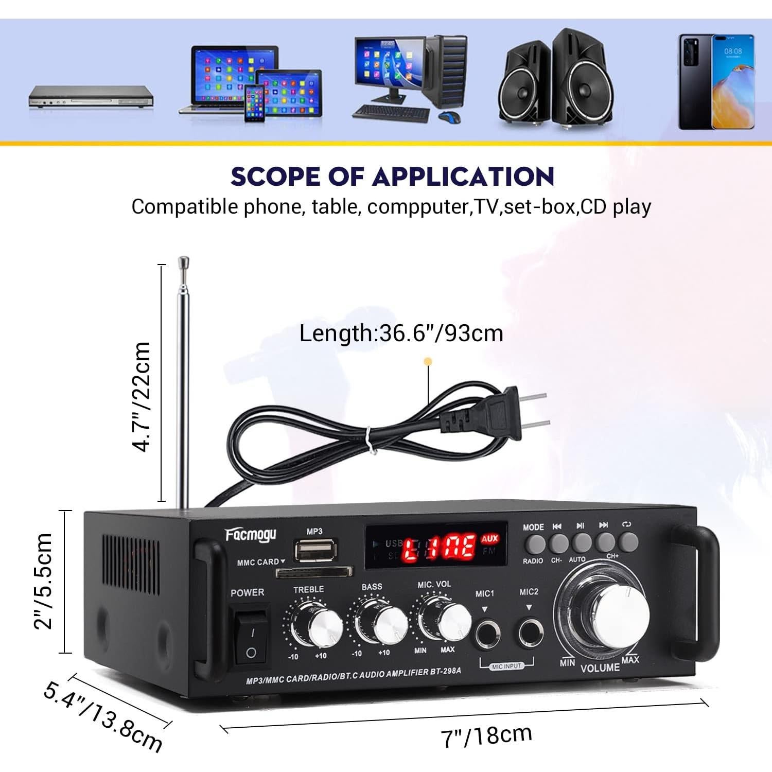 Amplificador Estéreo Inalámbrico Bluetooth 298A 40Wx2 300W