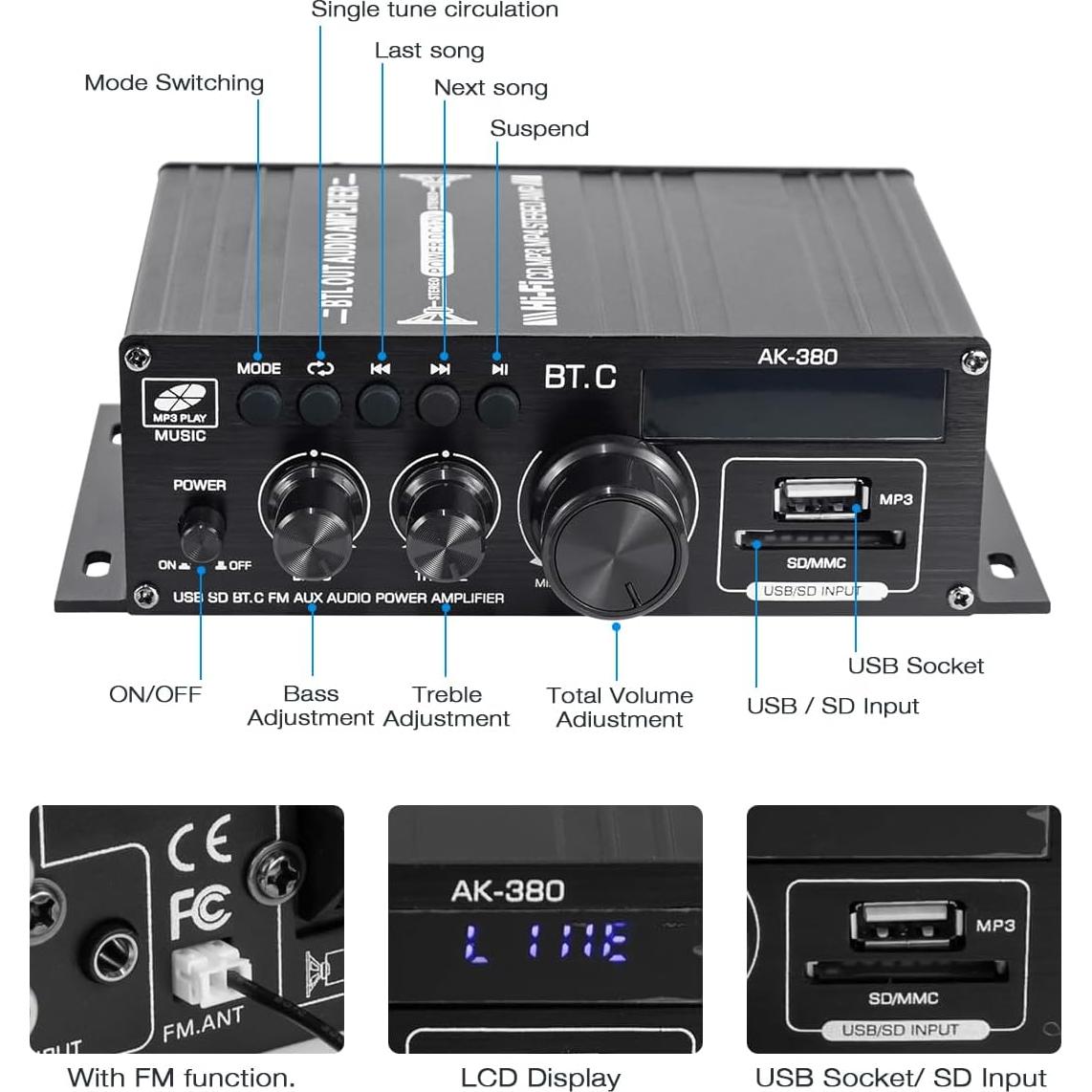 Amplificador de Audio HiFi 400W 2.0 Canal Bluetooth 5.0 AK-380