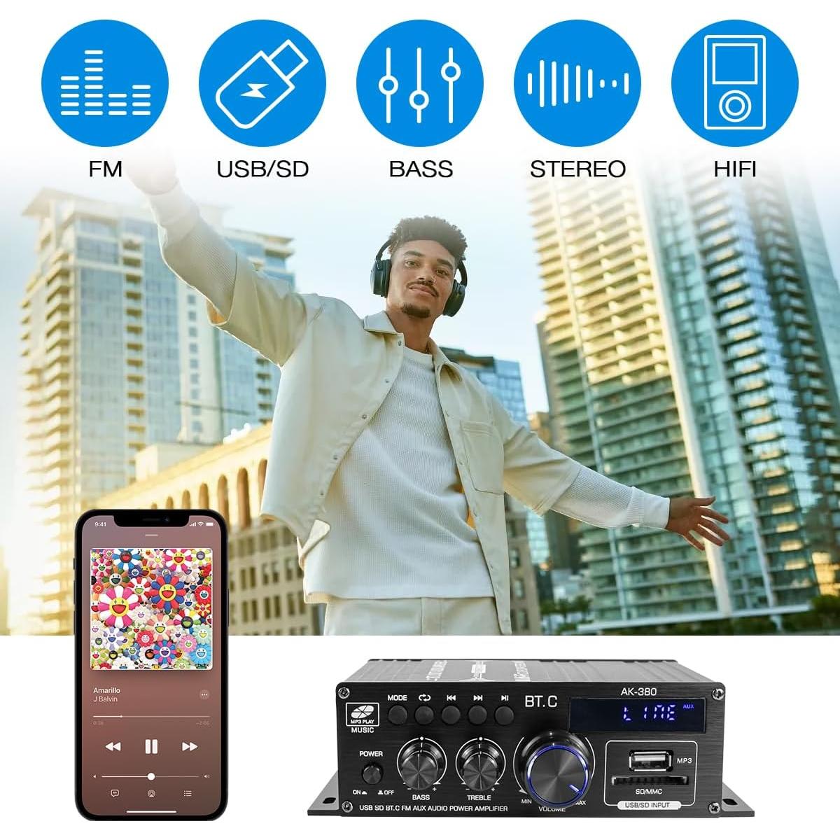 Amplificador de Audio HiFi 400W 2.0 Canal Bluetooth 5.0 AK-380