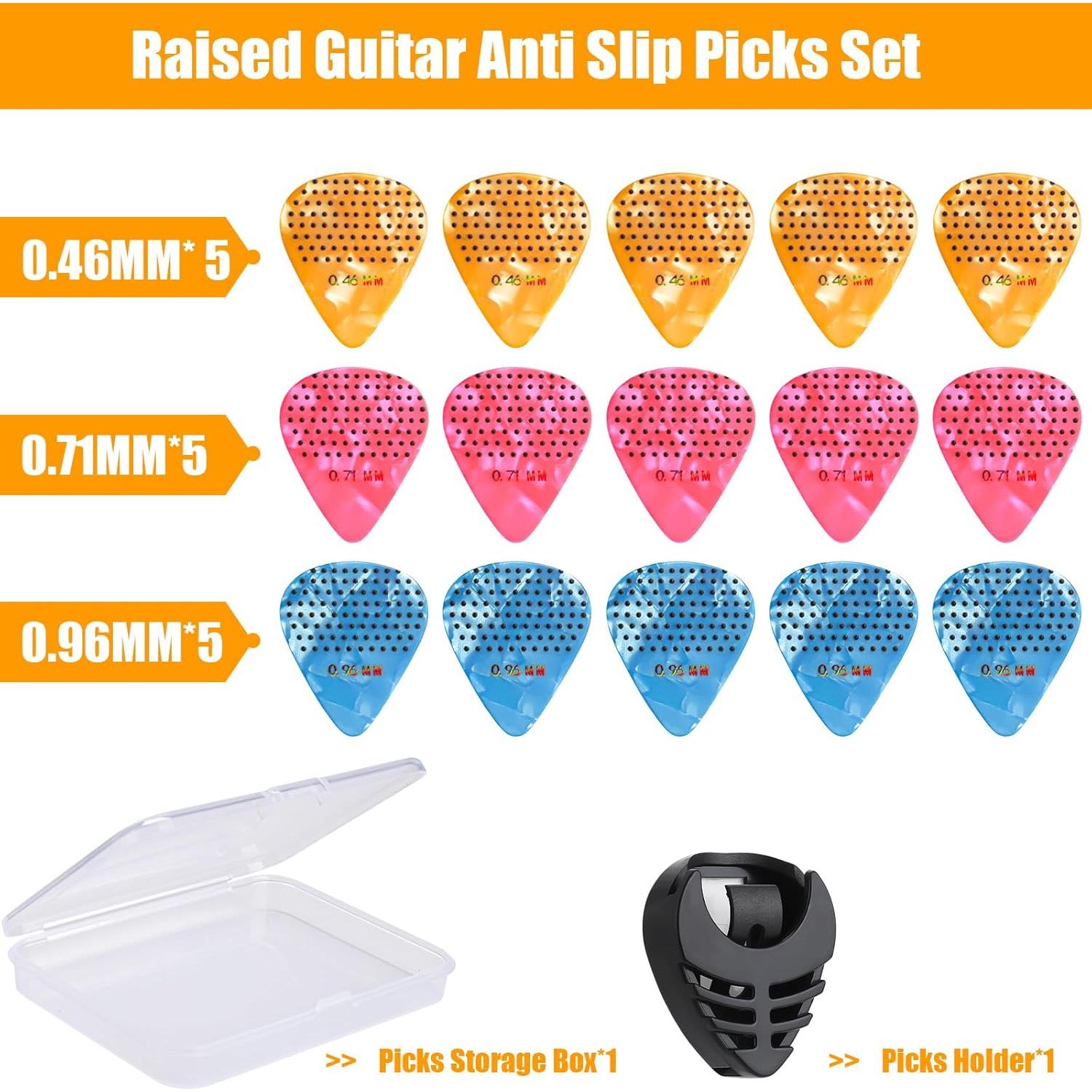 Paquete de 15 púas de guitarra antideslizantes Celuloide 0.46-0.96mm
