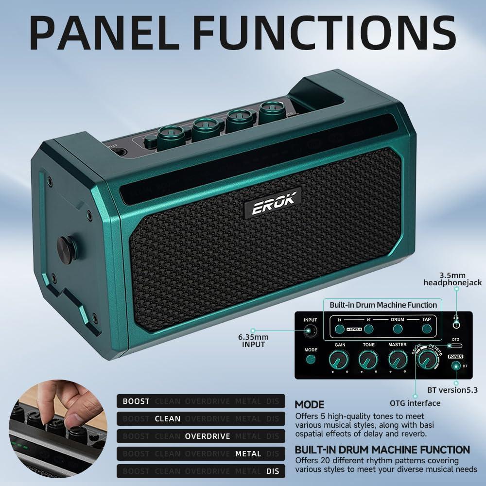 Amplificador Portátil EROK TG-08 Verde 10W con Bluetooth y Efectos