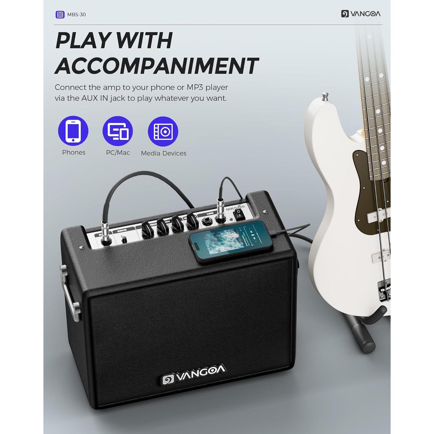 Amplificador de Bajo Vangoa 30W Portátil 8" con Overdrive