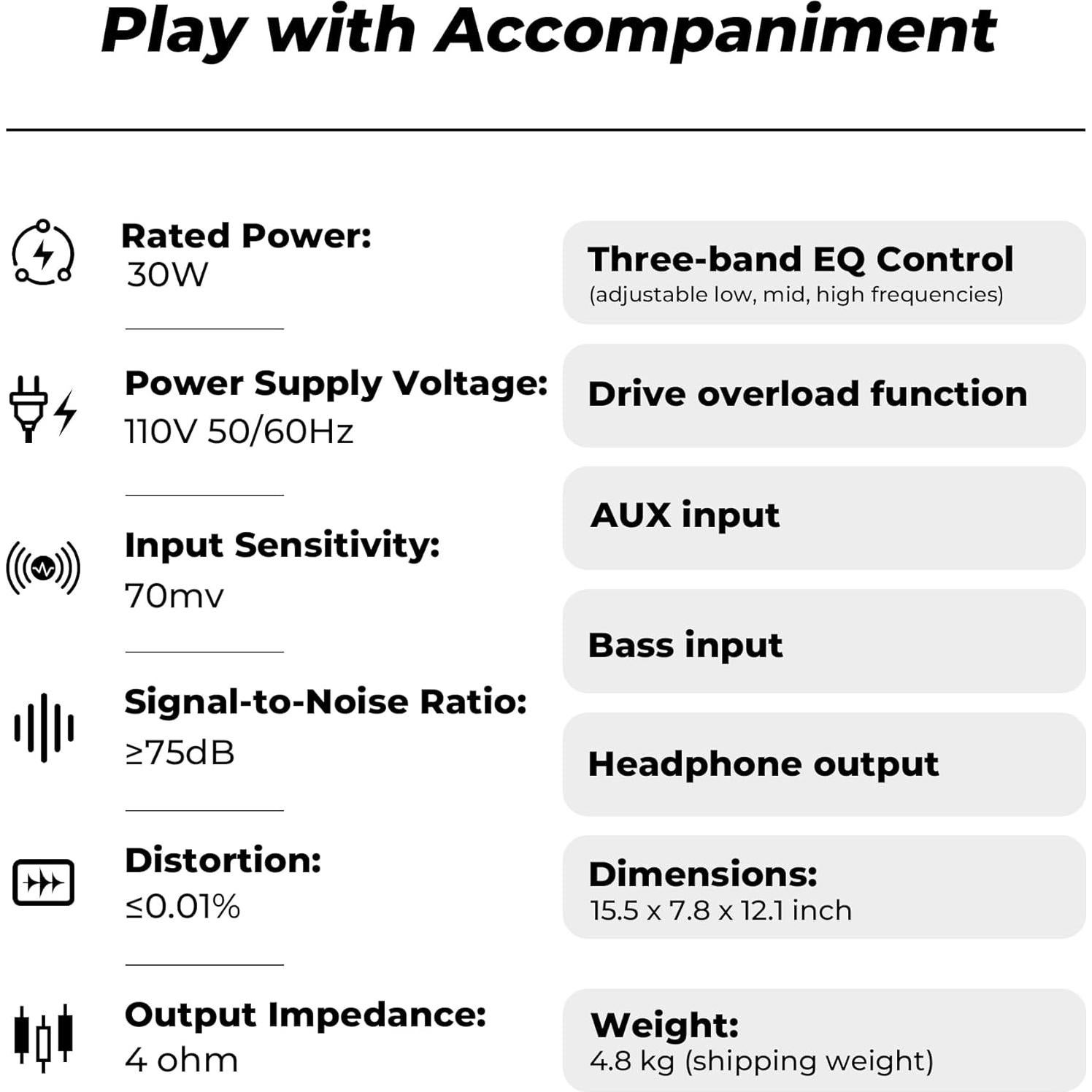 Amplificador de Bajo Vangoa 30W Portátil 8" con Overdrive