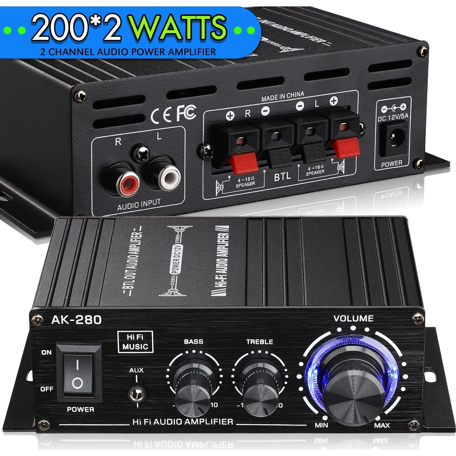 Amplificador de Potencia Facmogu AK280 200W 2.0 CH con Control de Graves