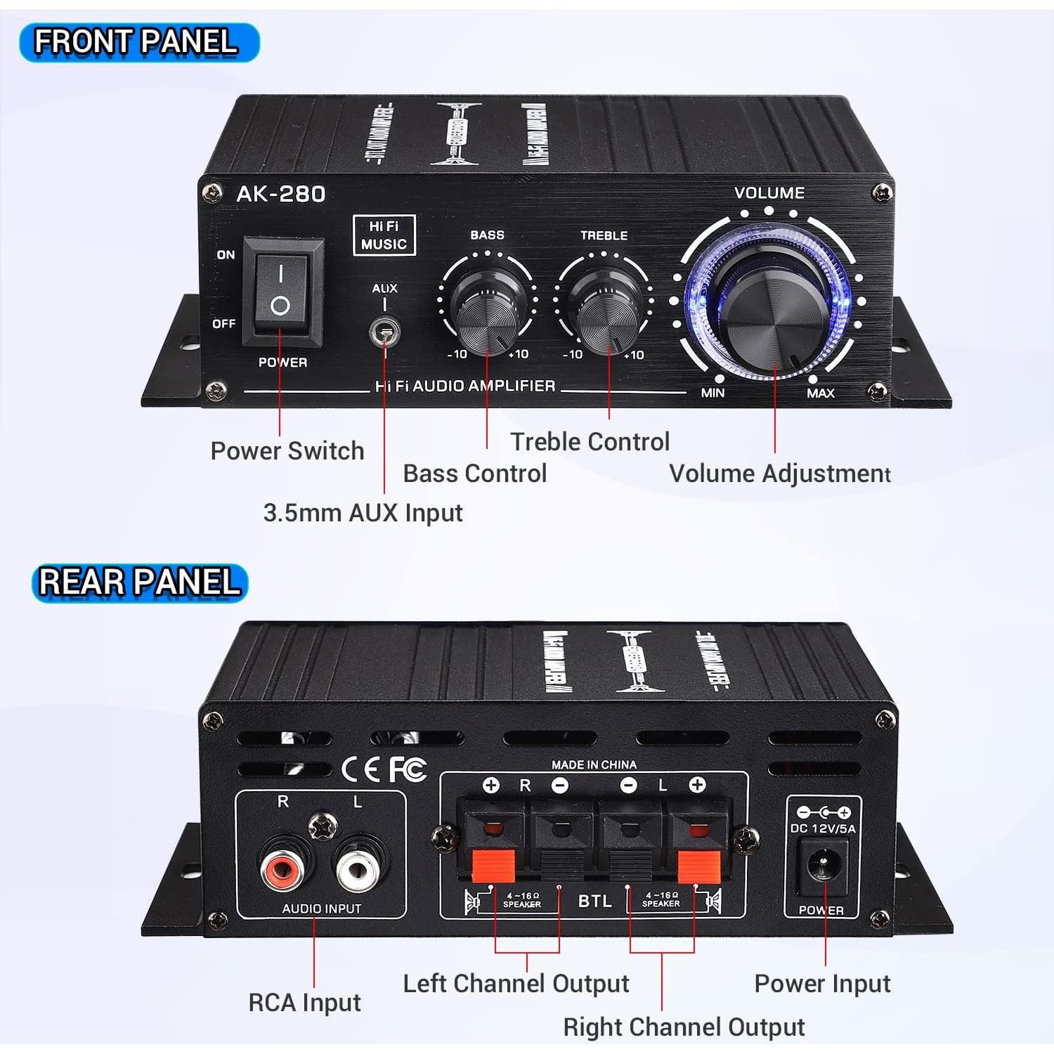 Amplificador de Potencia Facmogu AK280 200W 2.0 CH con Control de Graves